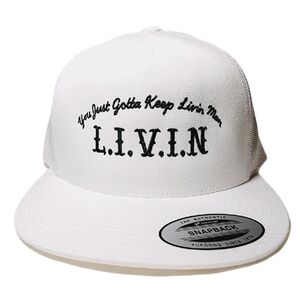 You Just Gotta Keep Livin Man L.I.V.I.N. White Flat Bill Snapback Direct Embro…
